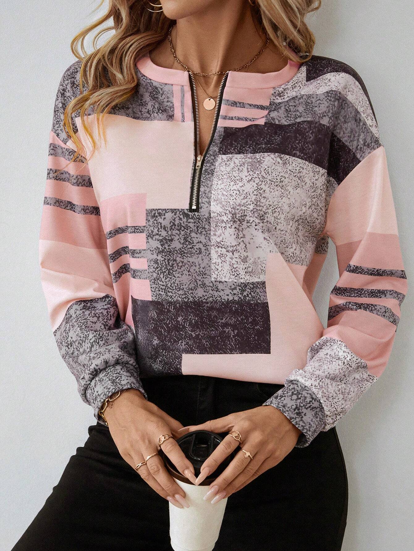 Abstract Print Zip Neck Top for Modern Everyday Style