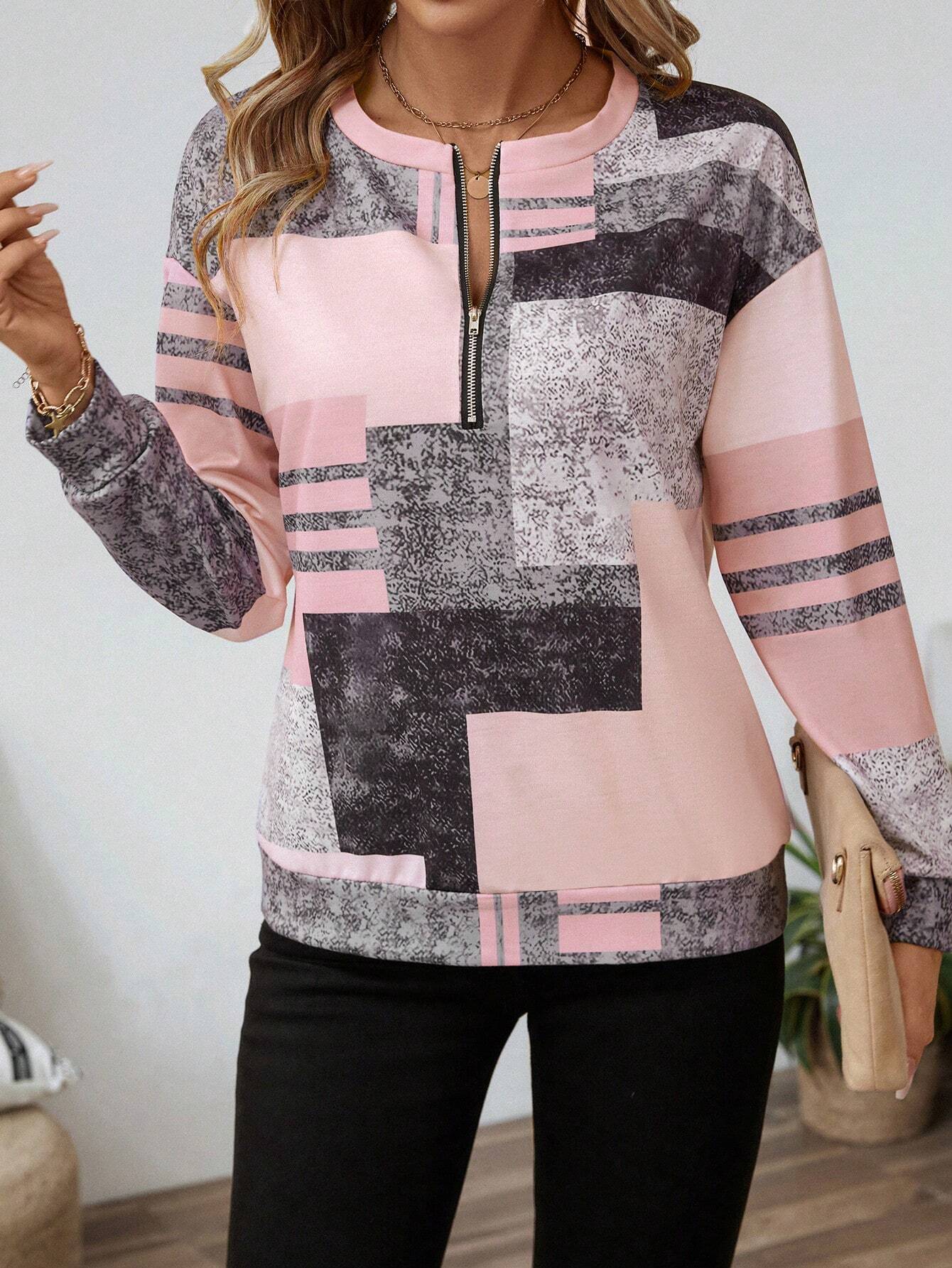 Abstract Print Zip Neck Top for Modern Everyday Style