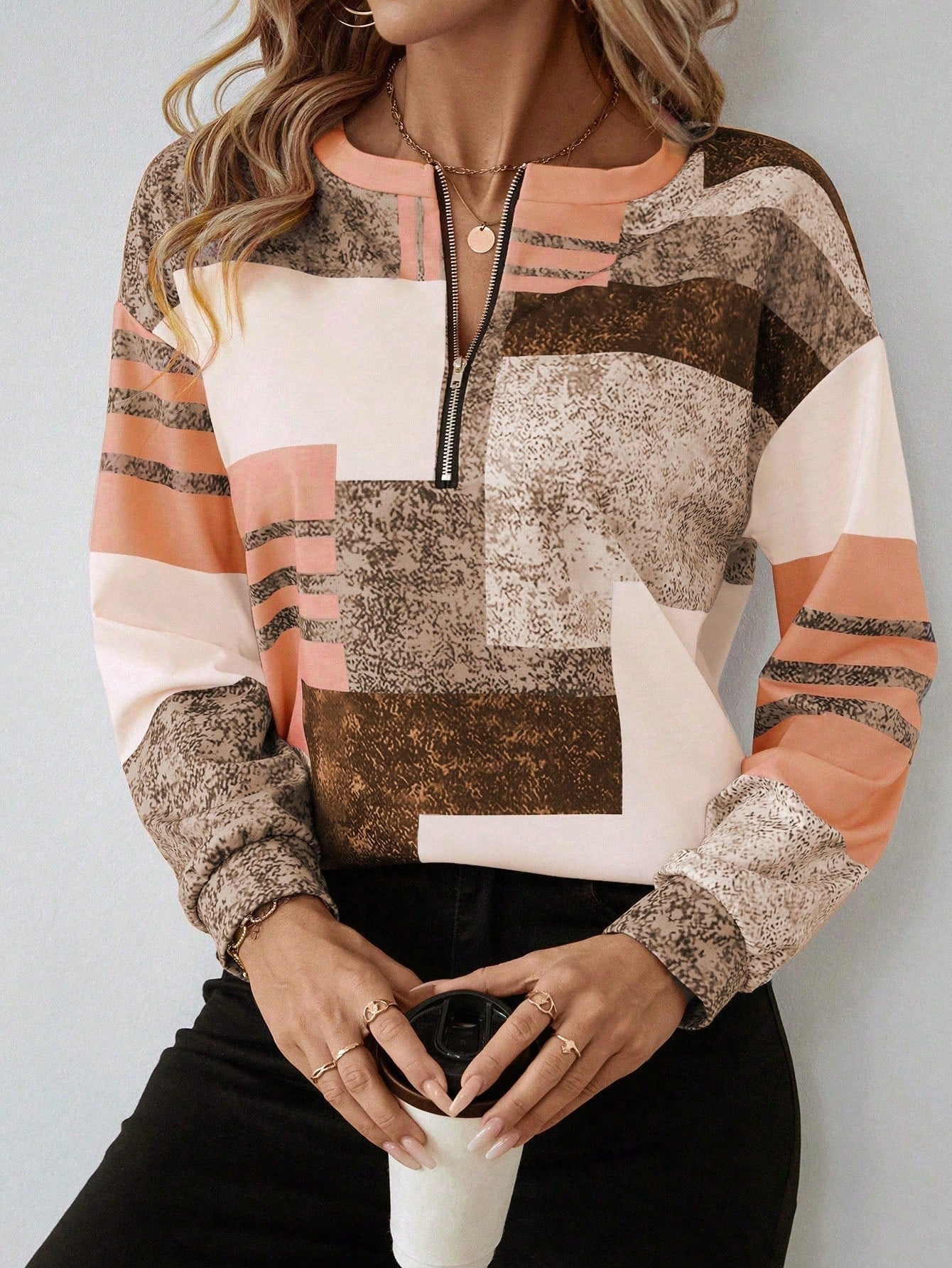 Abstract Print Zip Neck Top for Modern Everyday Style