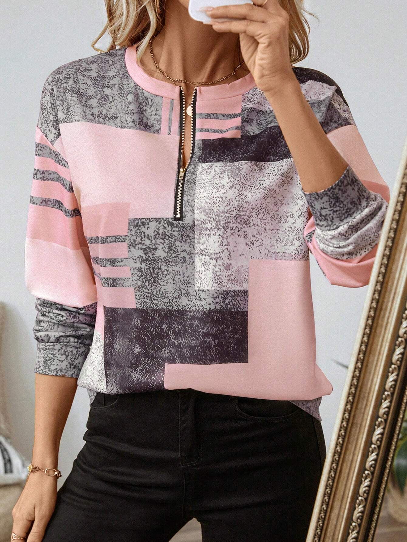 Abstract Print Zip Neck Top for Modern Everyday Style