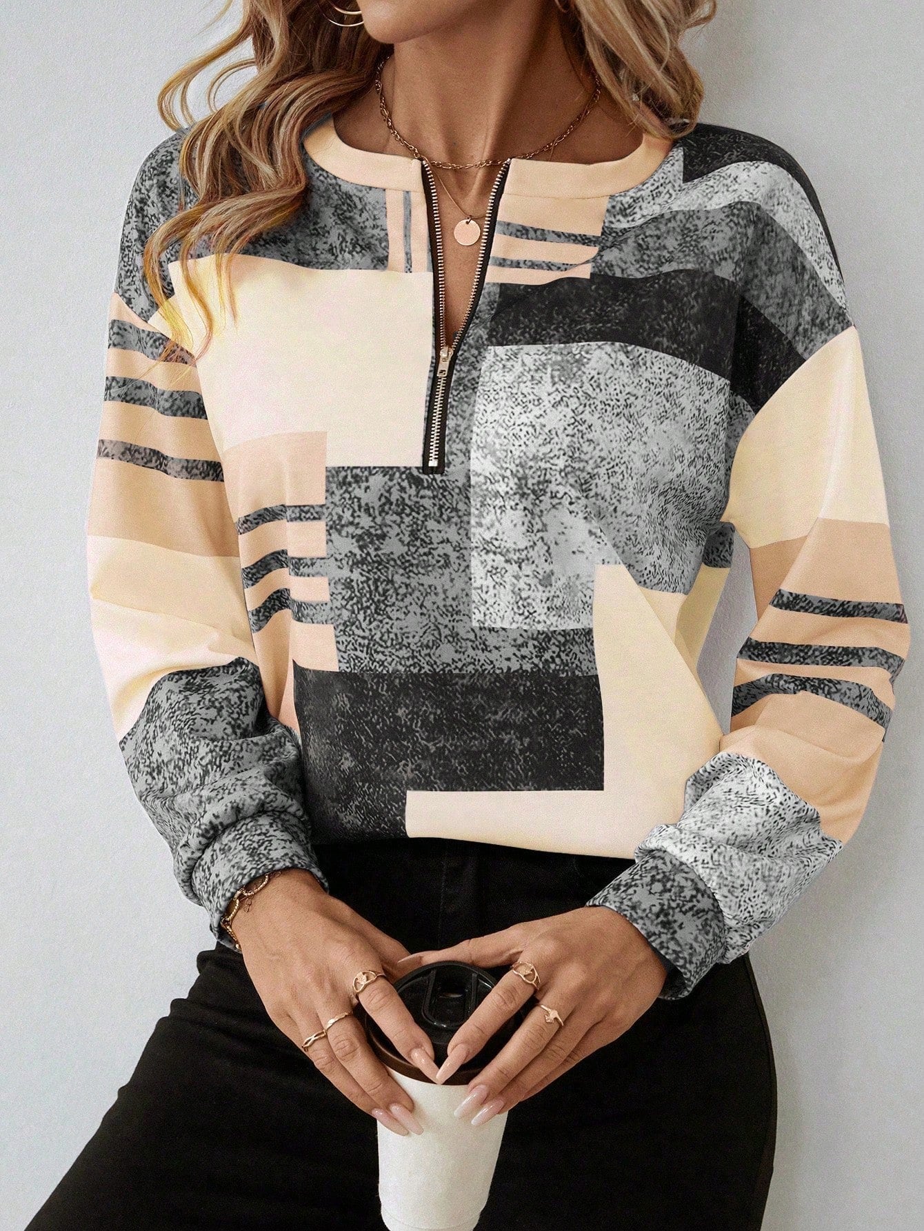 Abstract Print Zip Neck Top for Modern Everyday Style
